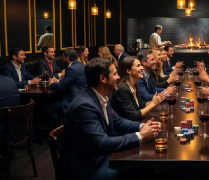 Salón de restaurante elegante con equipo corporativo disfrutando de una velada de mesa offline en Bife y Carta
