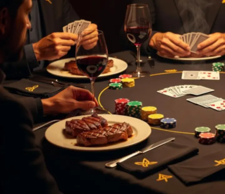 Detalle de mesa con cartas, fichas y copas en Bife y Carta