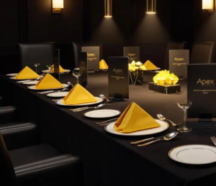 Mesa larga lista para un evento corporativo en Bife y Carta, con copas y detalles de marca