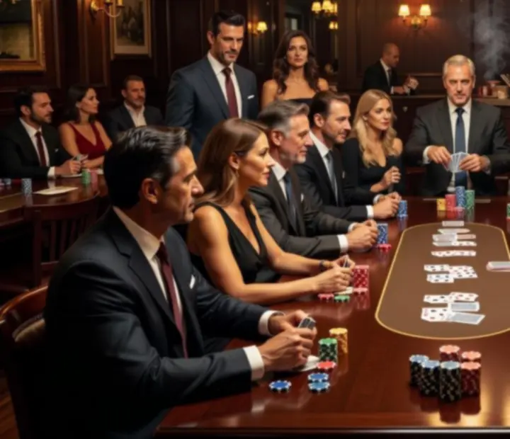 Mesa de póker social en el restaurante, con cartas, fichas y copas sobre la mesa