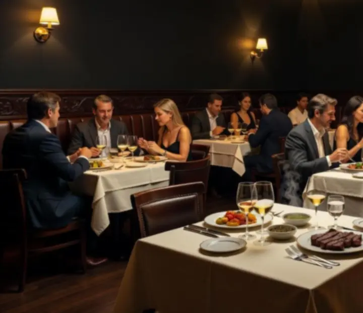 Salón de Bife y Carta durante la noche, con mesas servidas y luces cálidas