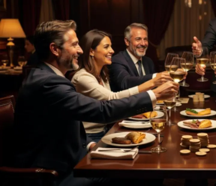 Grupo corporativo brindando en una mesa del restaurante Bife y Carta durante un evento de empresa