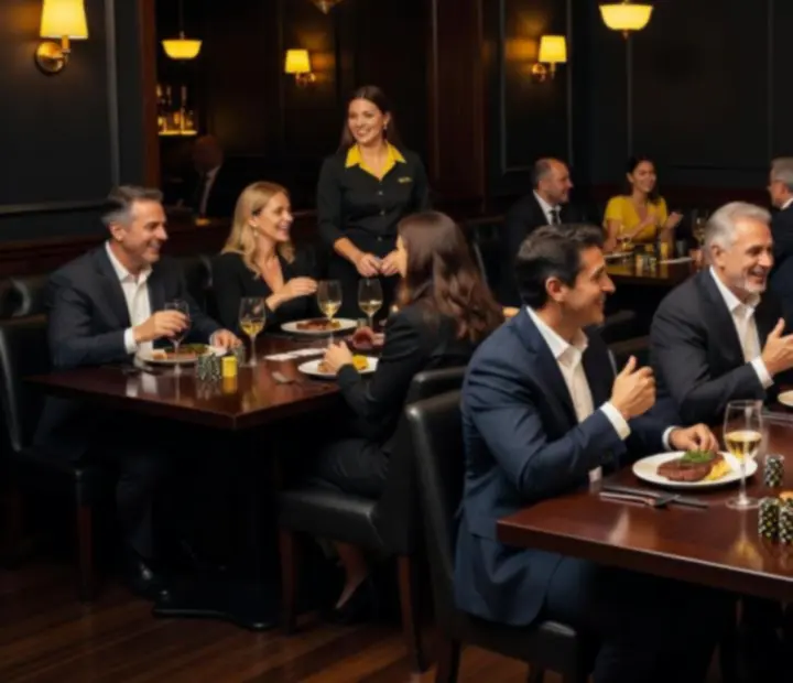 Salón de restaurante con luces cálidas, mesas servidas y ambiente de póker social