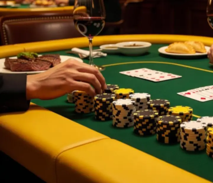 Detalle de mesa de póker con fichas y cartas listas para jugar en el restaurante
