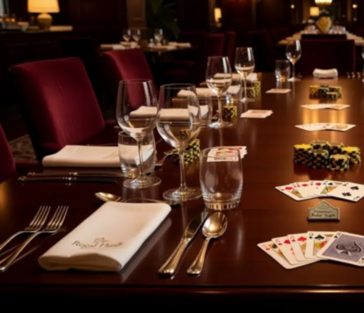 Mesa de restaurante con fichas y cartas de póker para entretenimiento presencial