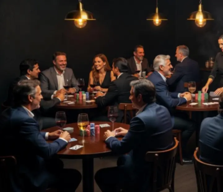 Mesas de restaurante con fichas de póker y luces cálidas en Bife y Carta