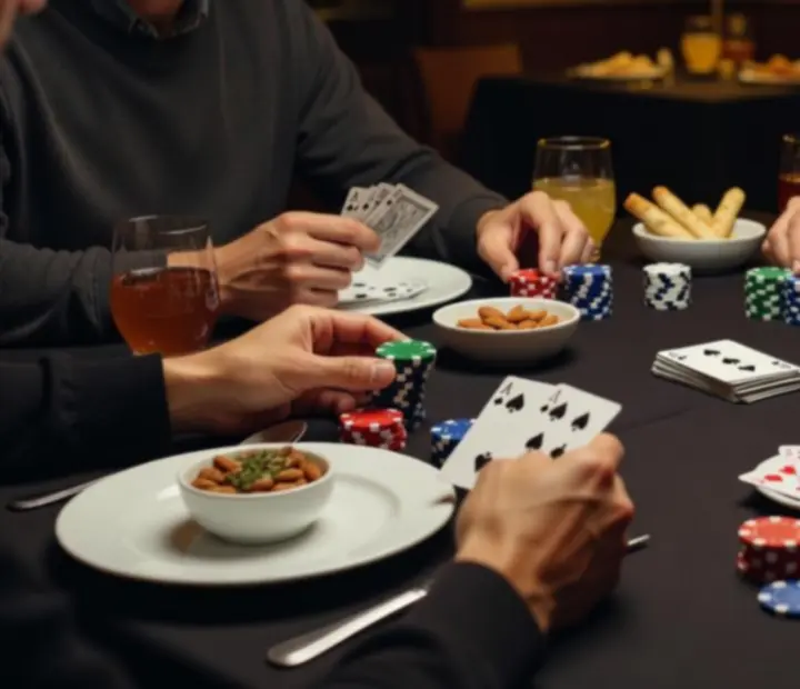 Mesa de póker con fichas y cartas en salón de restaurante oscuro