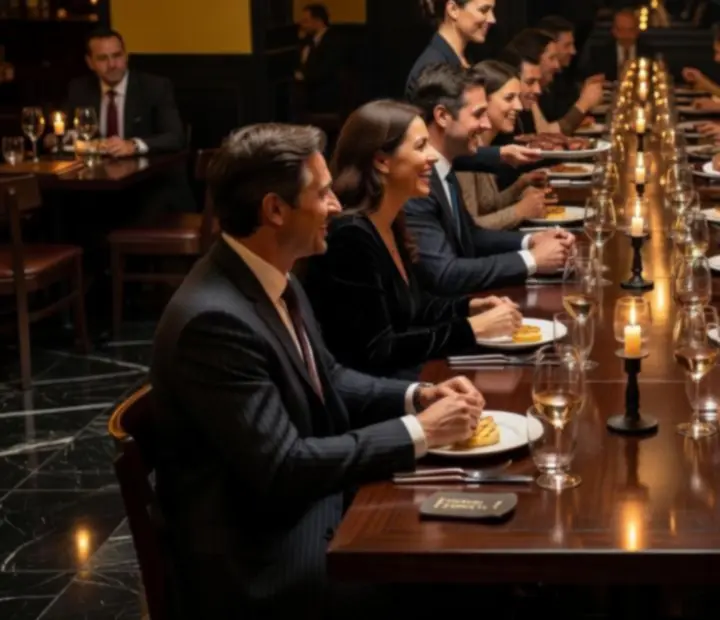 Salón de Bife y Carta de noche, con mesas iluminadas y ambiente de póker offline