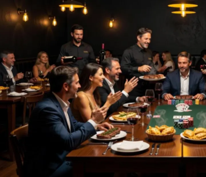 Salón nocturno de Bife y Carta con parrilla, mesas y fichas de póker offline