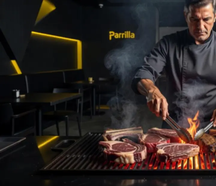 Parrilla argentina en salón oscuro con mesas montadas y luces cálidas