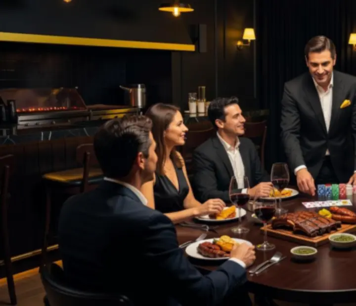 Mesa de restaurante con cartas, fichas de póker y copas en una noche estilo casino en Bife y Carta