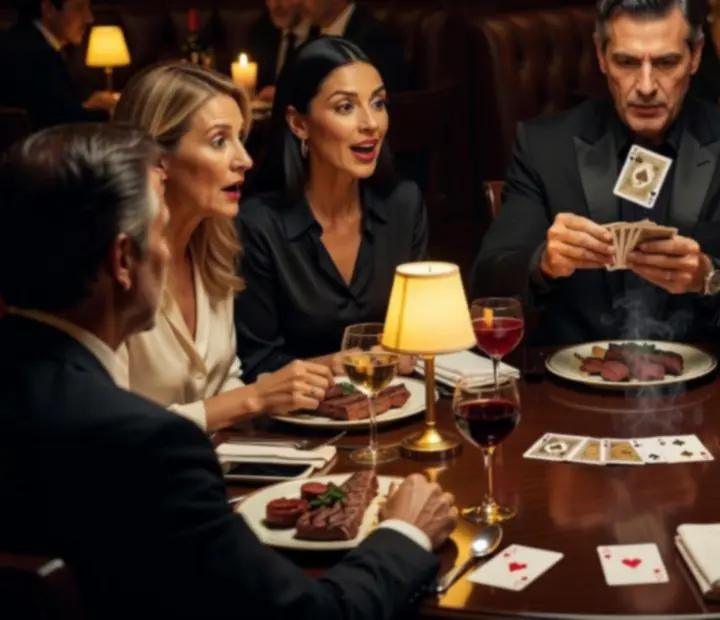 Mago realizando trucos de cartas sobre una mesa de restaurante en Bife y Carta