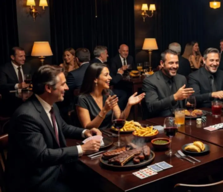 Salón de restaurante oscuro con mesas, fichas de póker y parrilla encendida en Bife y Carta